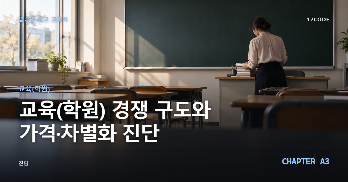 교육(학원) 업종별 광고 교과서 A3장, 경쟁 구도와 가격·차별화 진단을 안내하는 표지 이미지