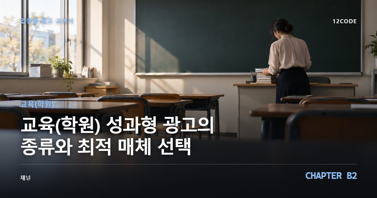 교육(학원) 업종별 광고 교과서 B2장, 성과형 광고의 종류와 최적 매체 선택을 안내하는 표지 이미지