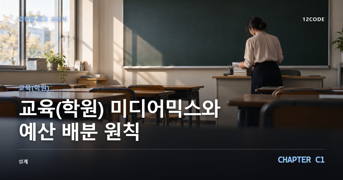 교육(학원) 업종별 광고 교과서 C1장, 미디어믹스와 예산 배분 원칙을 안내하는 표지 이미지