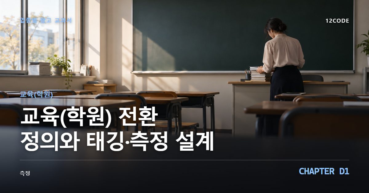교육(학원) 업종별 광고 교과서 D1장, 전환 정의와 태깅·측정 설계을 안내하는 표지 이미지