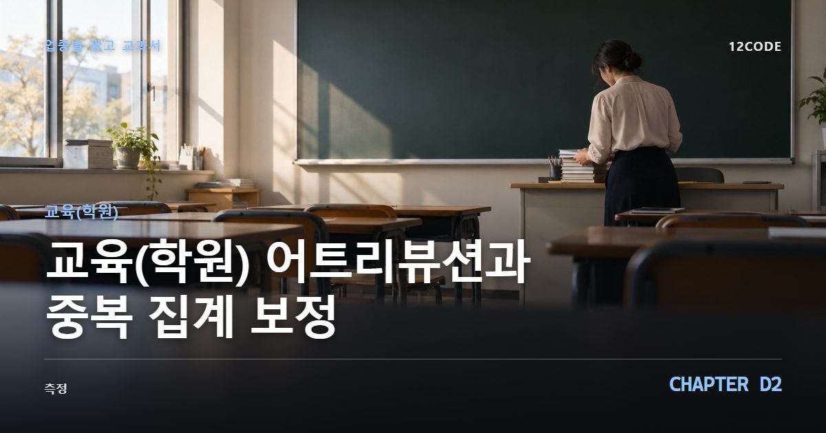 교육(학원) 업종별 광고 교과서 D2장, 어트리뷰션과 중복 집계 보정을 안내하는 표지 이미지