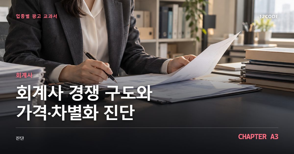 회계사 업종별 광고 교과서 A3장, 경쟁 구도와 가격·차별화 진단을 안내하는 표지 이미지