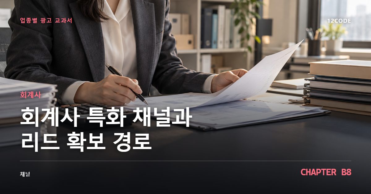 회계사 업종별 광고 교과서 B8장, 특화 채널과 리드 확보 경로을 안내하는 표지 이미지