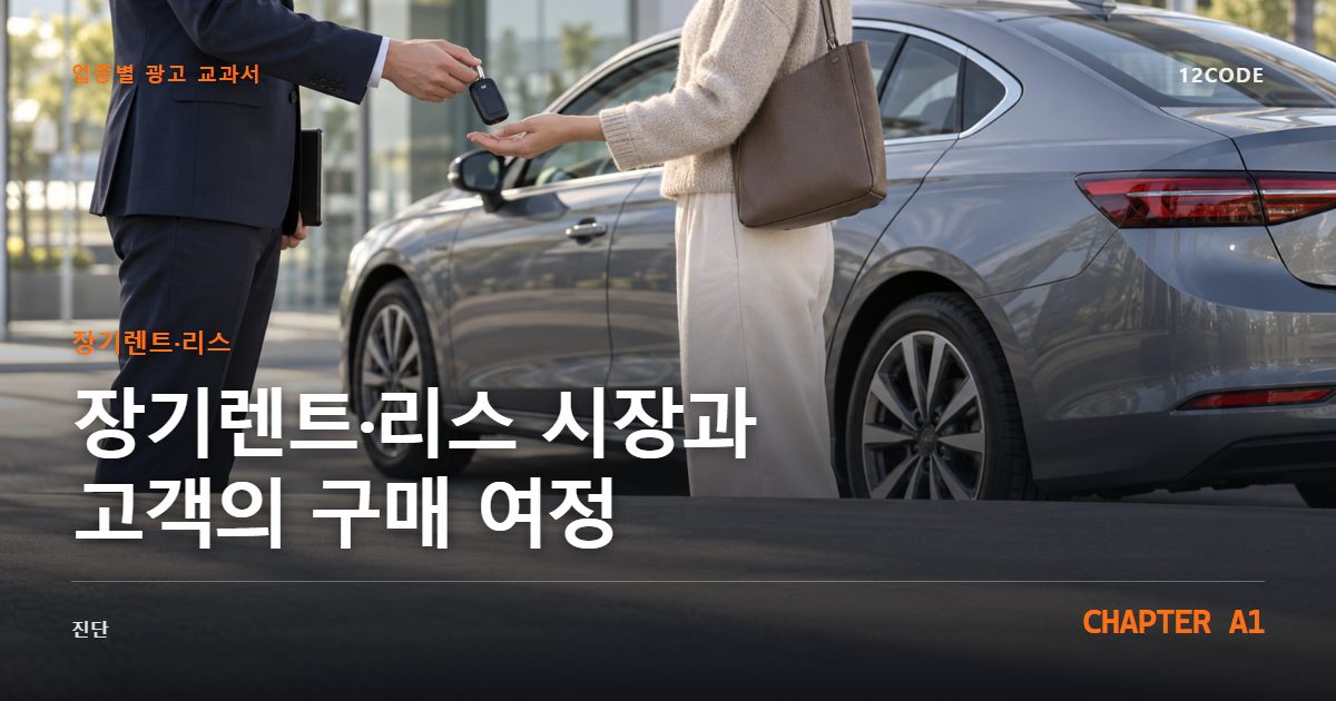 장기렌트·리스 업종별 광고 교과서 A1장, 시장과 고객의 구매 여정을 안내하는 표지 이미지