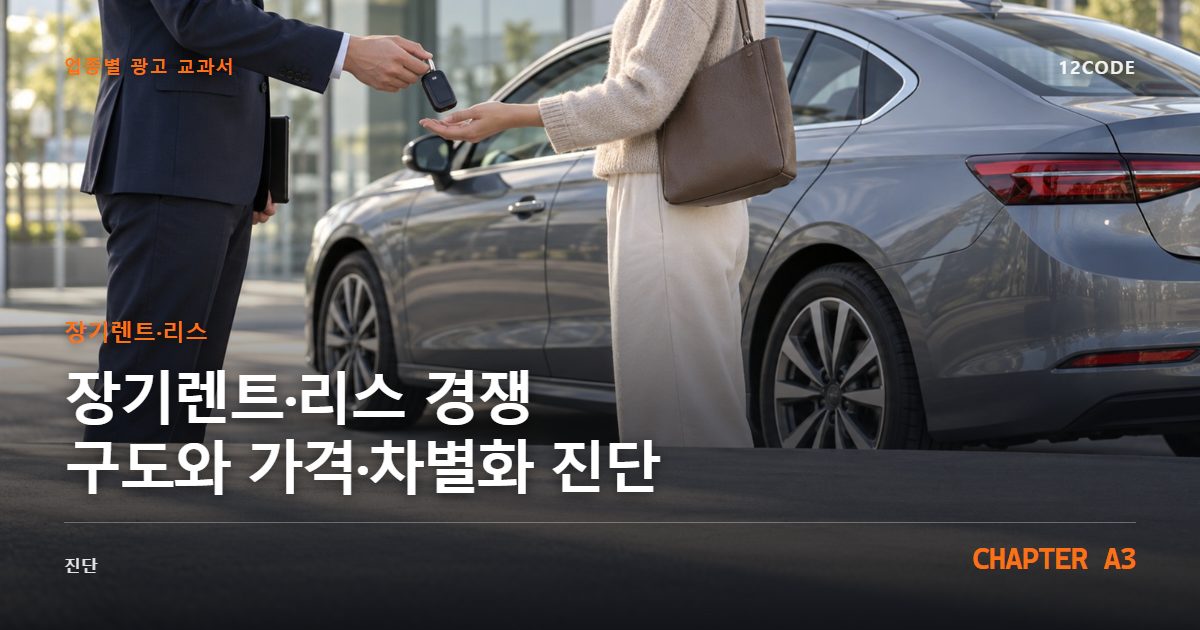 장기렌트·리스 업종별 광고 교과서 A3장, 경쟁 구도와 가격·차별화 진단을 안내하는 표지 이미지