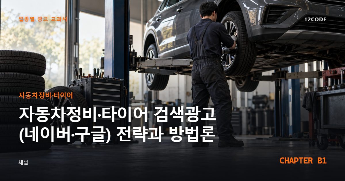 자동차정비·타이어 업종별 광고 교과서 B1장, 검색광고(네이버·구글) 전략과 방법론을 안내하는 표지 이미지