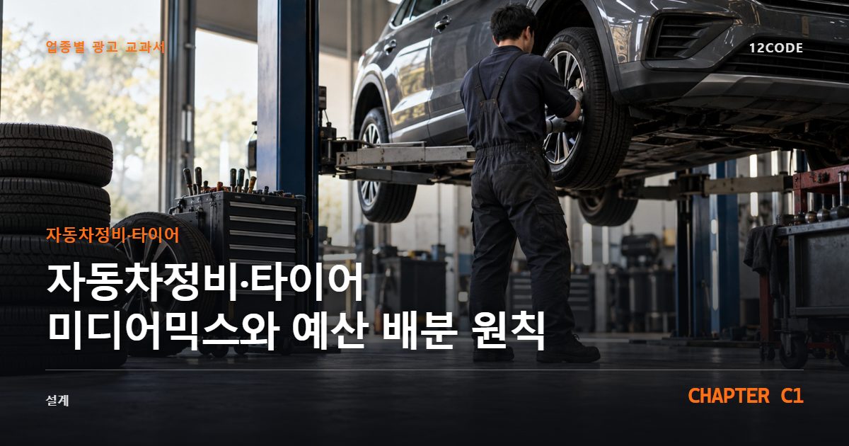 자동차정비·타이어 업종별 광고 교과서 C1장, 미디어믹스와 예산 배분 원칙을 안내하는 표지 이미지