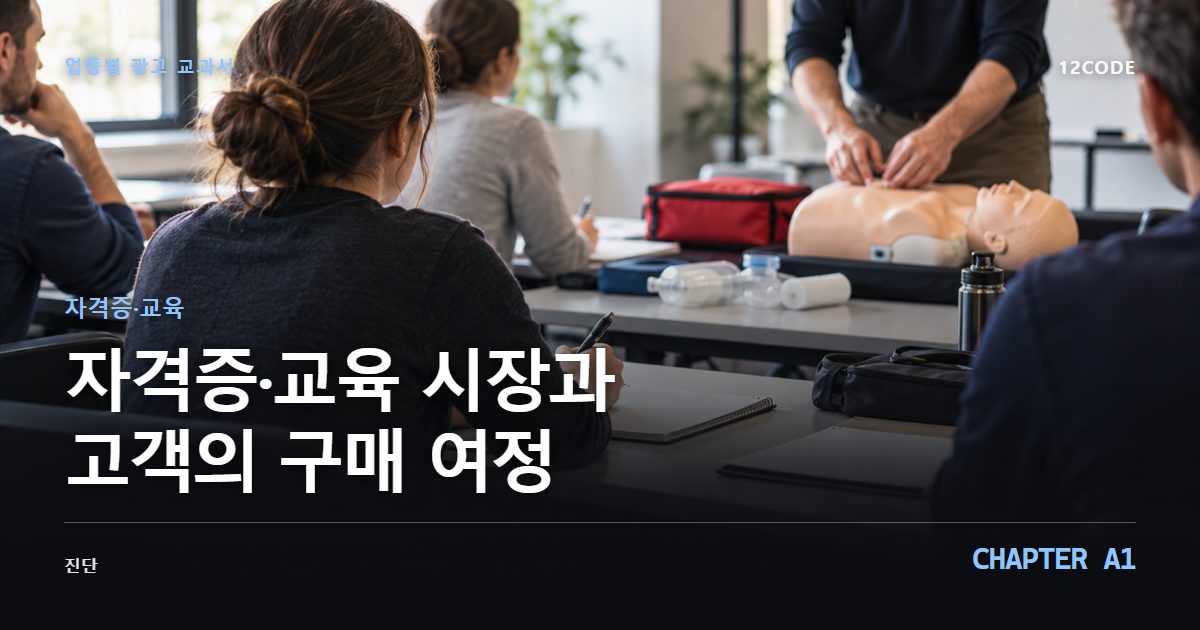 자격증·교육 업종별 광고 교과서 A1장, 시장과 고객의 구매 여정을 안내하는 표지 이미지