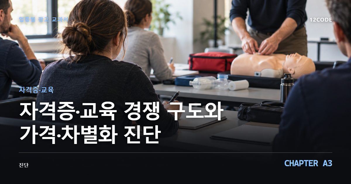 자격증·교육 업종별 광고 교과서 A3장, 경쟁 구도와 가격·차별화 진단을 안내하는 표지 이미지