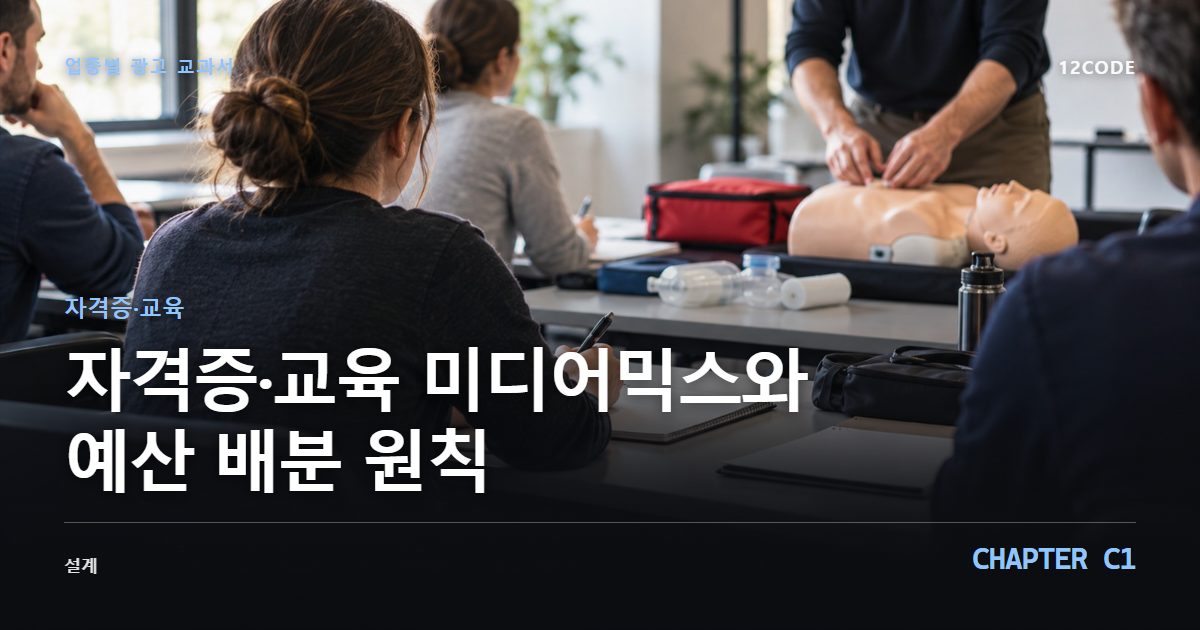 자격증·교육 업종별 광고 교과서 C1장, 미디어믹스와 예산 배분 원칙을 안내하는 표지 이미지