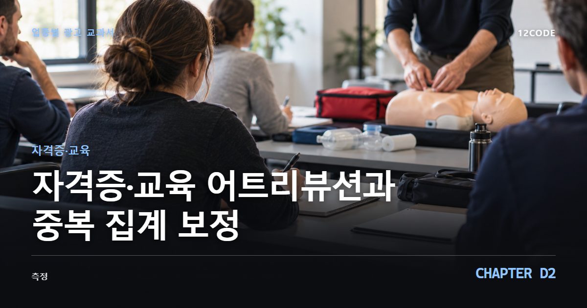 자격증·교육 업종별 광고 교과서 D2장, 어트리뷰션과 중복 집계 보정을 안내하는 표지 이미지