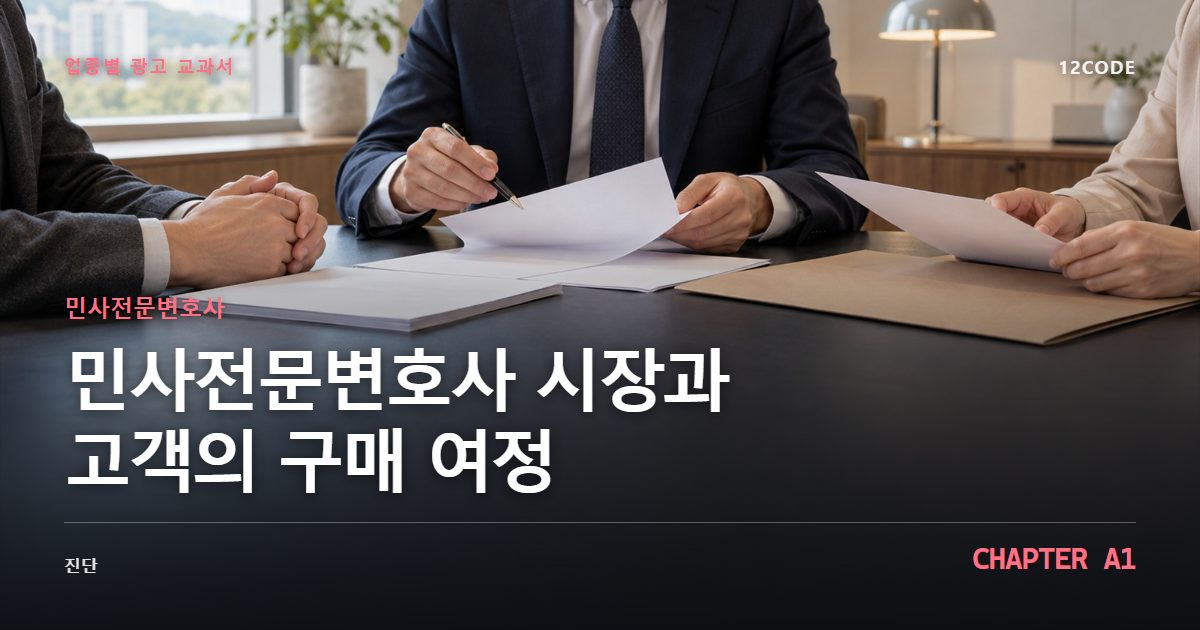 민사전문변호사 업종별 광고 교과서 A1장, 시장과 고객의 구매 여정을 안내하는 표지 이미지