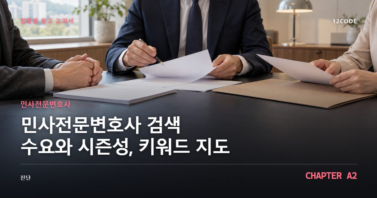 민사전문변호사 업종별 광고 교과서 A2장, 검색 수요와 시즌성, 키워드 지도을 안내하는 표지 이미지