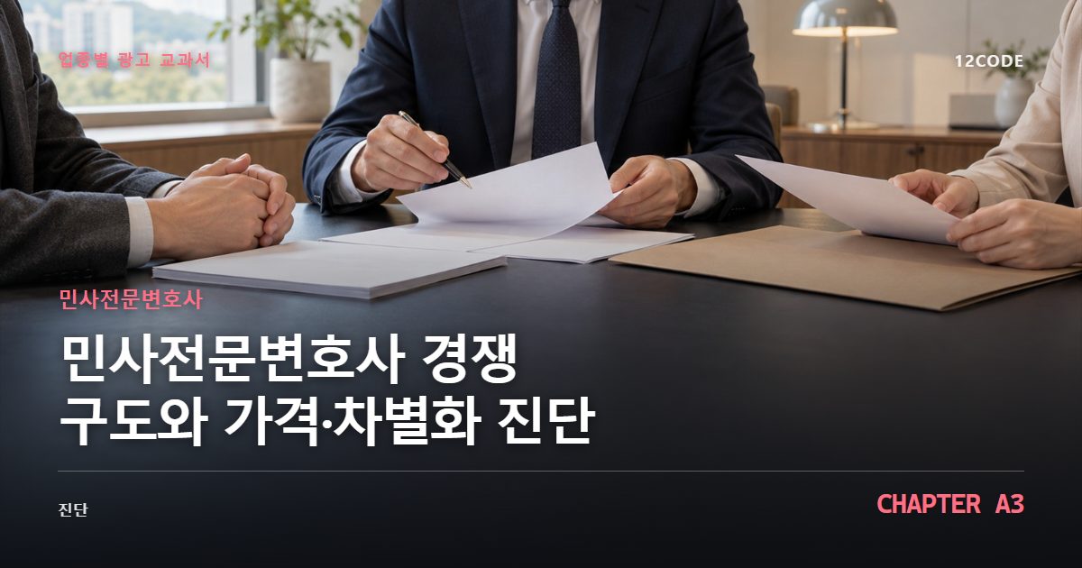민사전문변호사 업종별 광고 교과서 A3장, 경쟁 구도와 가격·차별화 진단을 안내하는 표지 이미지