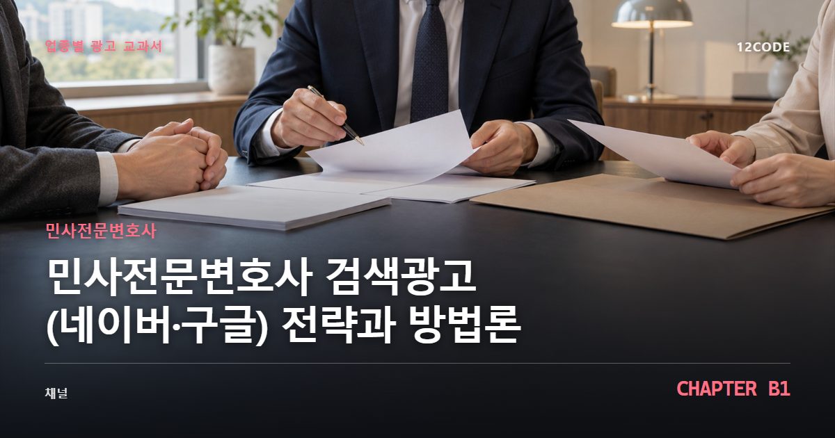 민사전문변호사 업종별 광고 교과서 B1장, 검색광고(네이버·구글) 전략과 방법론을 안내하는 표지 이미지