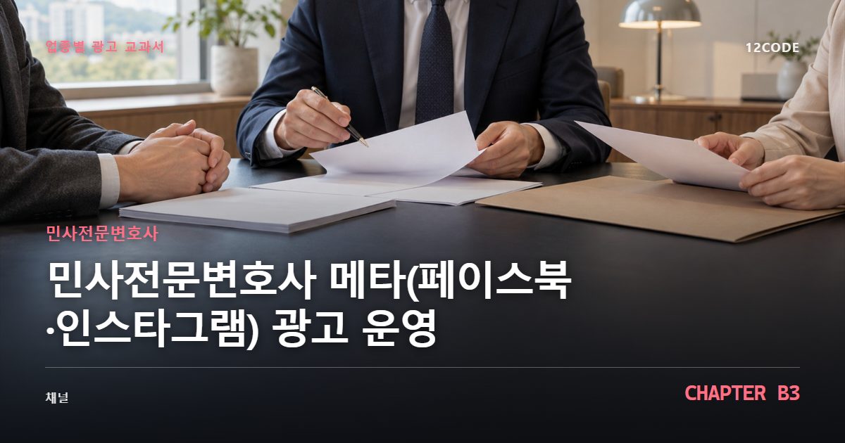 민사전문변호사 업종별 광고 교과서 B3장, 메타(페이스북·인스타그램) 광고 운영을 안내하는 표지 이미지