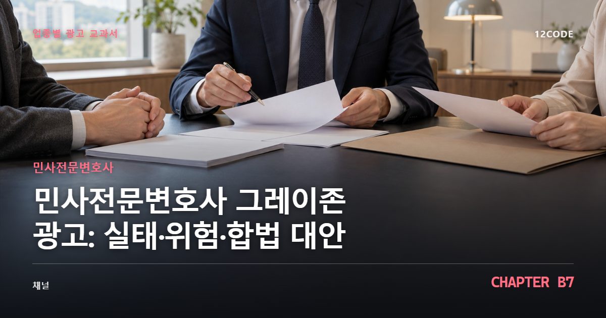 민사전문변호사 업종별 광고 교과서 B7장, 그레이존 광고: 실태·위험·합법 대안을 안내하는 표지 이미지