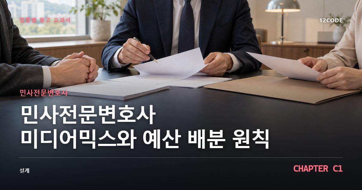 민사전문변호사 업종별 광고 교과서 C1장, 미디어믹스와 예산 배분 원칙을 안내하는 표지 이미지