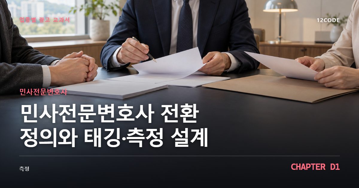 민사전문변호사 업종별 광고 교과서 D1장, 전환 정의와 태깅·측정 설계을 안내하는 표지 이미지