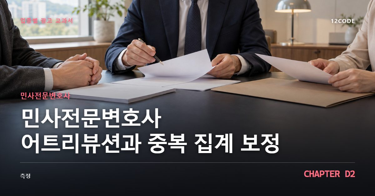 민사전문변호사 업종별 광고 교과서 D2장, 어트리뷰션과 중복 집계 보정을 안내하는 표지 이미지