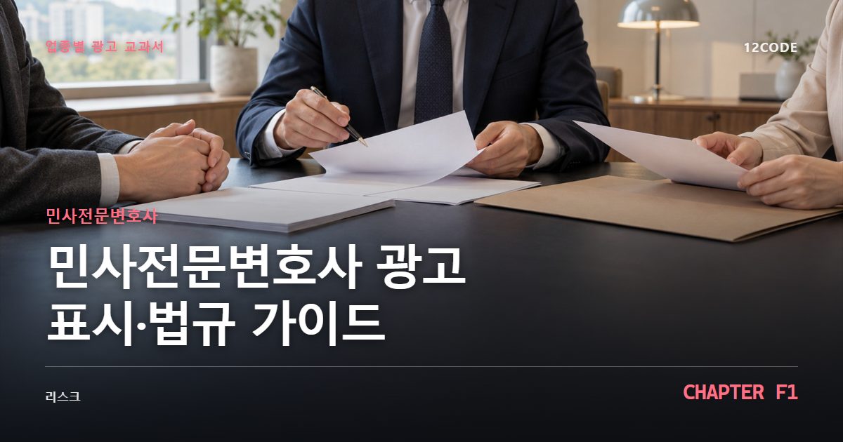 민사전문변호사 업종별 광고 교과서 F1장, 광고 표시·법규 가이드을 안내하는 표지 이미지