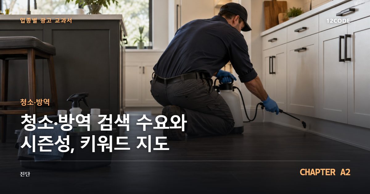 청소·방역 업종별 광고 교과서 A2장, 검색 수요와 시즌성, 키워드 지도을 안내하는 표지 이미지