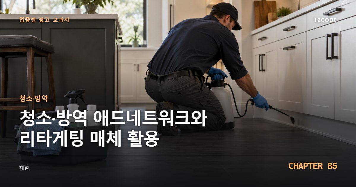 청소·방역 업종별 광고 교과서 B5장, 애드네트워크와 리타게팅 매체 활용을 안내하는 표지 이미지