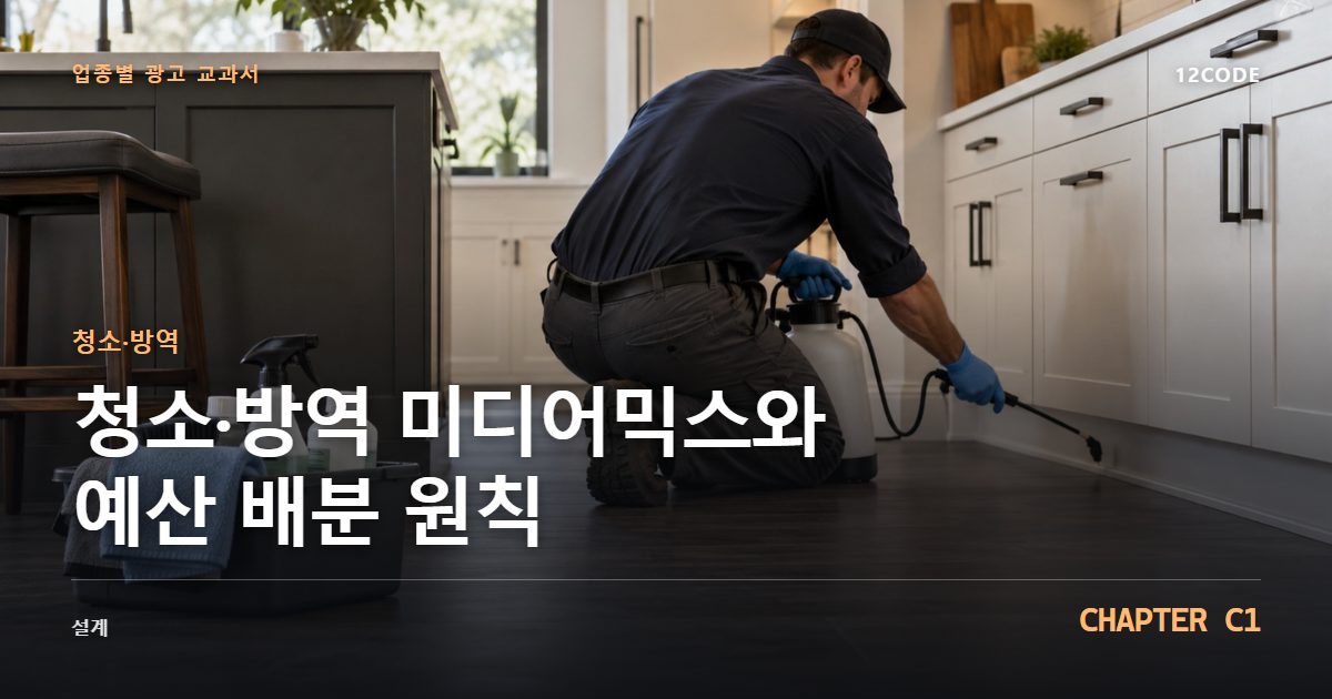 청소·방역 업종별 광고 교과서 C1장, 미디어믹스와 예산 배분 원칙을 안내하는 표지 이미지