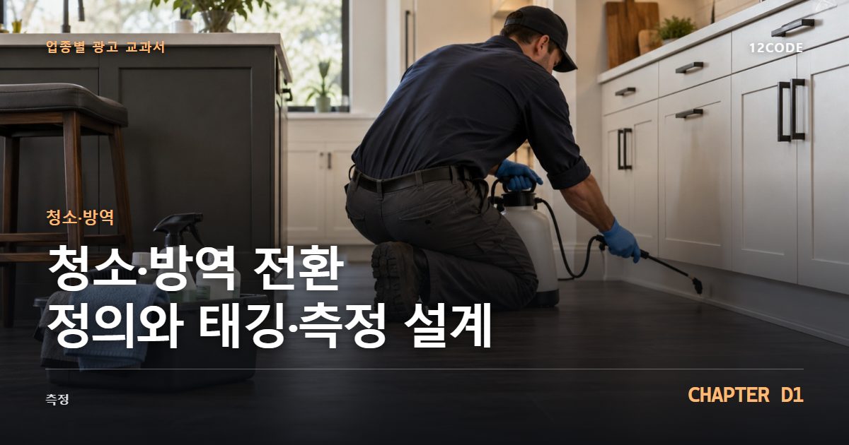 청소·방역 업종별 광고 교과서 D1장, 전환 정의와 태깅·측정 설계을 안내하는 표지 이미지