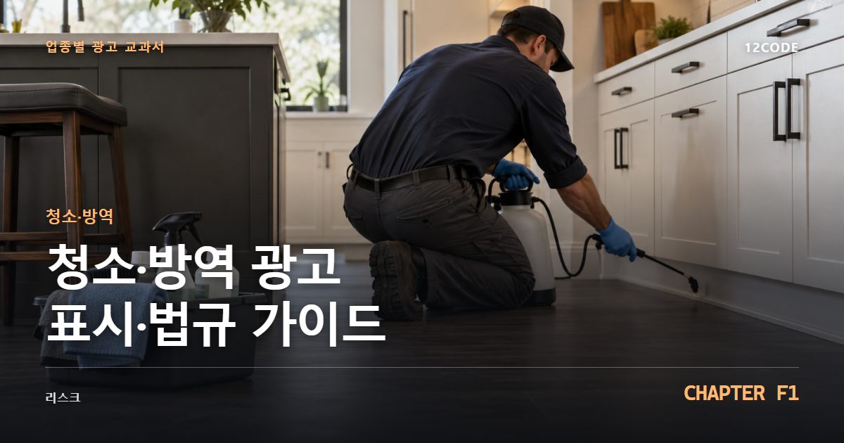 청소·방역 업종별 광고 교과서 F1장, 광고 표시·법규 가이드을 안내하는 표지 이미지