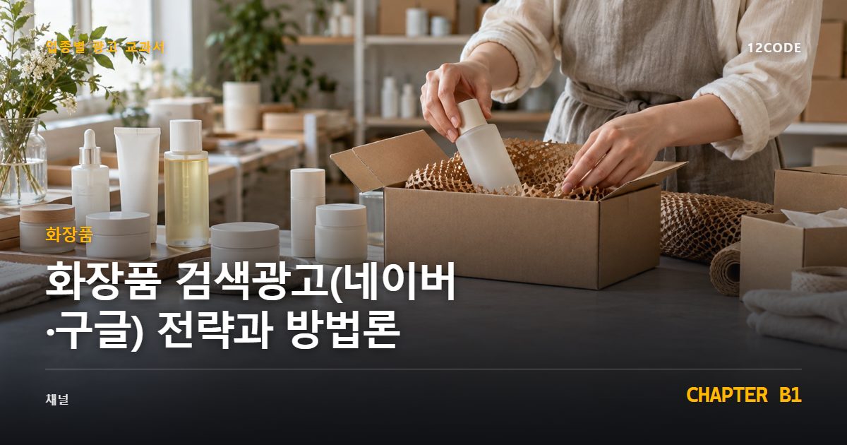 화장품 업종별 광고 교과서 B1장, 검색광고(네이버·구글) 전략과 방법론을 안내하는 표지 이미지