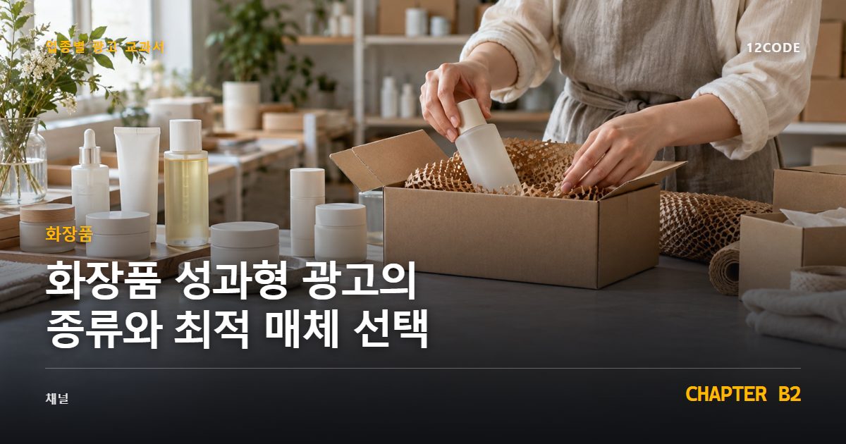 화장품 업종별 광고 교과서 B2장, 성과형 광고의 종류와 최적 매체 선택을 안내하는 표지 이미지