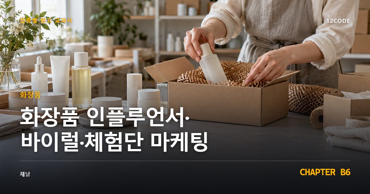화장품 업종별 광고 교과서 B6장, 인플루언서·바이럴·체험단 마케팅을 안내하는 표지 이미지