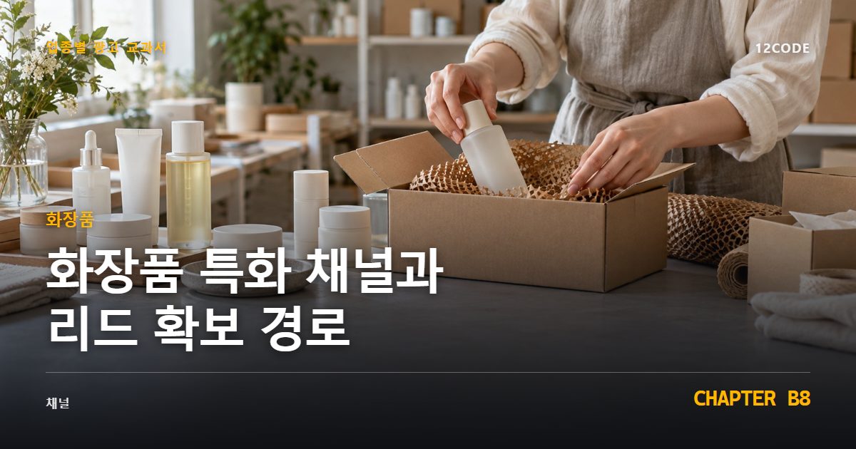 화장품 업종별 광고 교과서 B8장, 특화 채널과 리드 확보 경로을 안내하는 표지 이미지