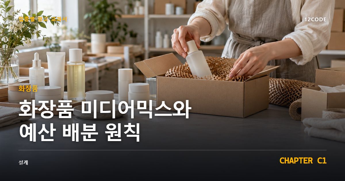 화장품 업종별 광고 교과서 C1장, 미디어믹스와 예산 배분 원칙을 안내하는 표지 이미지