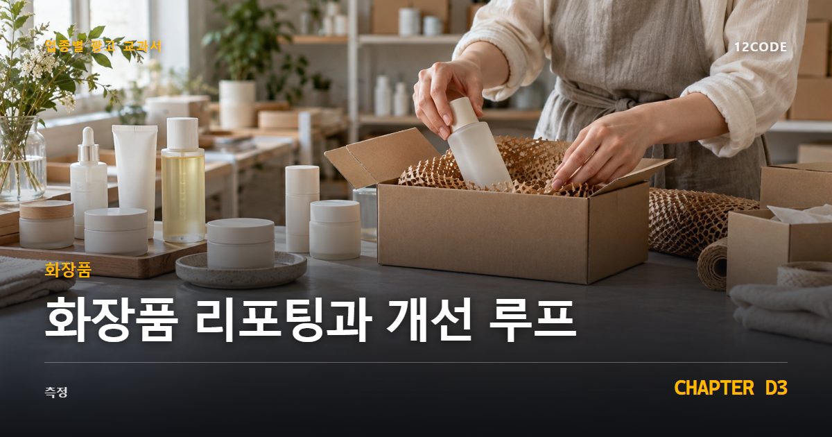 화장품 업종별 광고 교과서 D3장, 리포팅과 개선 루프을 안내하는 표지 이미지