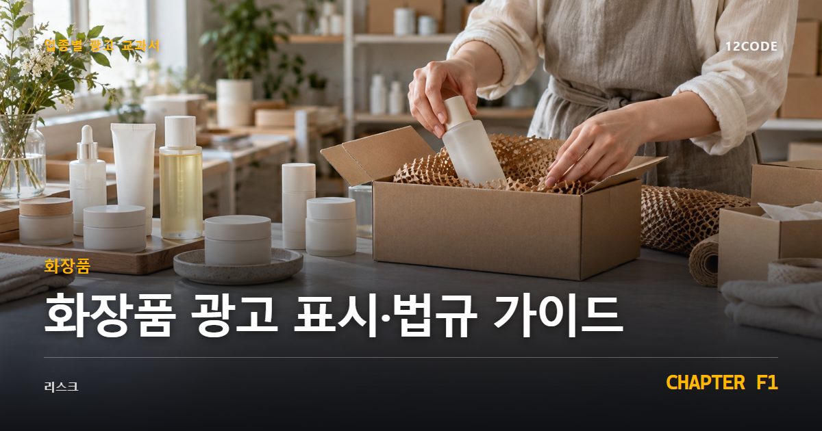 화장품 업종별 광고 교과서 F1장, 광고 표시·법규 가이드을 안내하는 표지 이미지