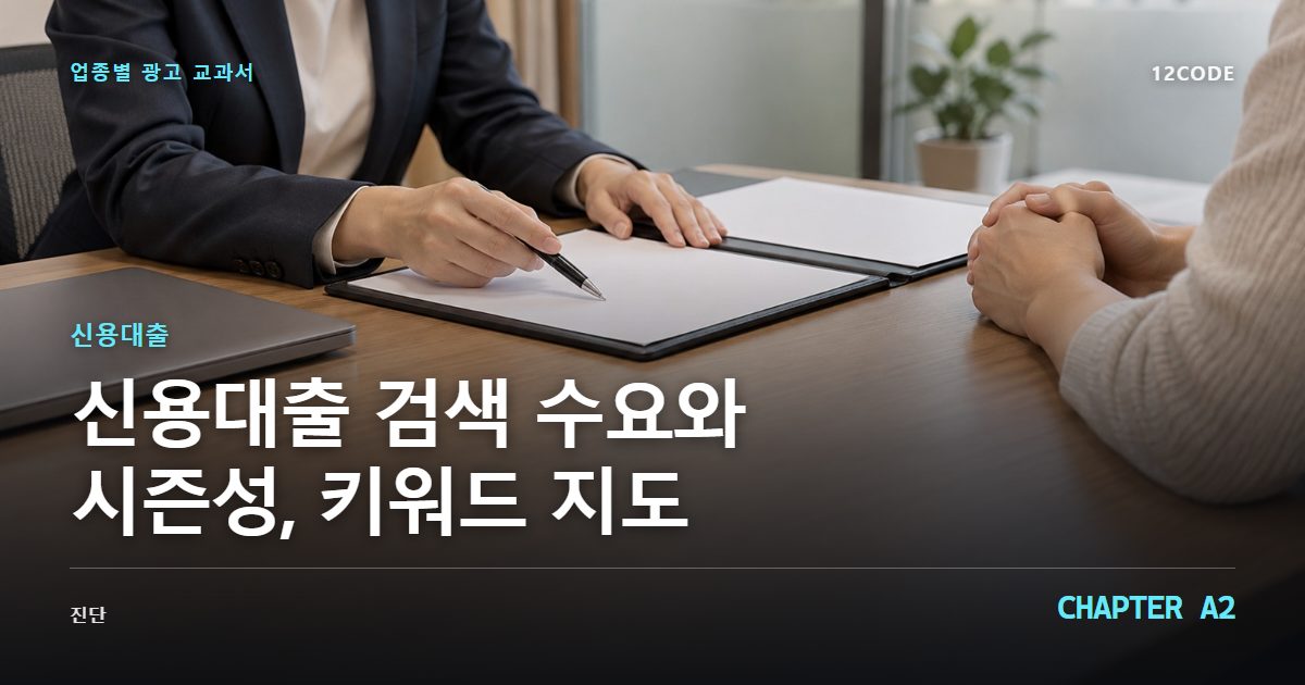 신용대출 업종별 광고 교과서 A2장, 검색 수요와 시즌성, 키워드 지도을 안내하는 표지 이미지