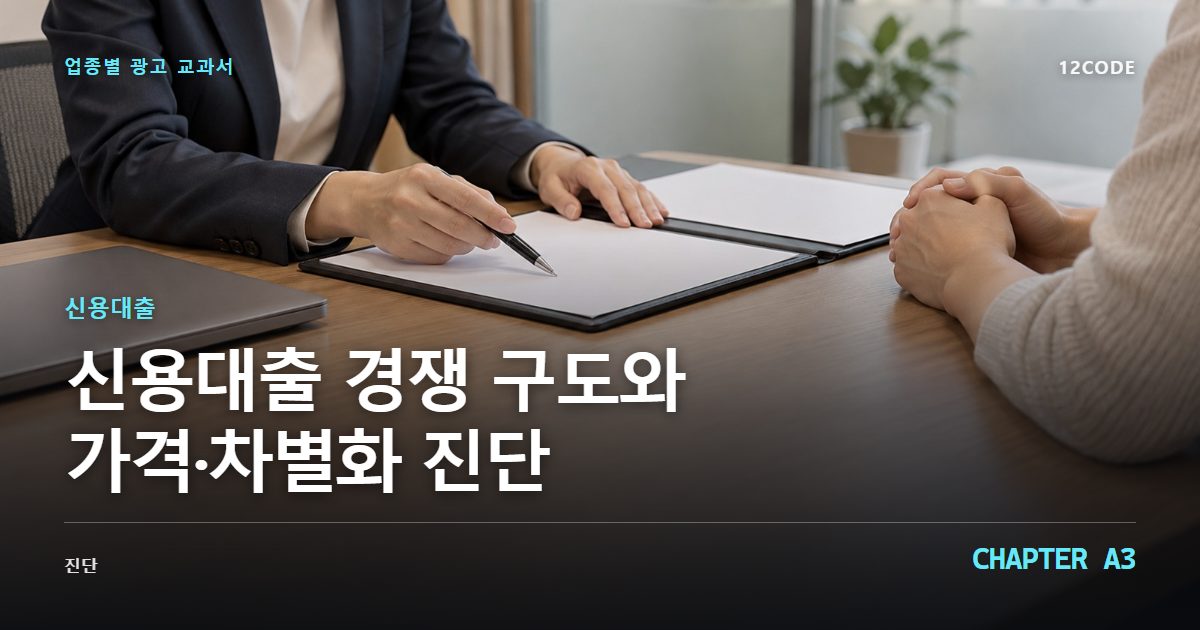 신용대출 업종별 광고 교과서 A3장, 경쟁 구도와 가격·차별화 진단을 안내하는 표지 이미지