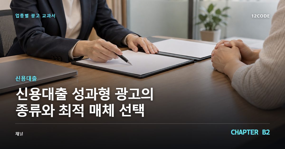 신용대출 업종별 광고 교과서 B2장, 성과형 광고의 종류와 최적 매체 선택을 안내하는 표지 이미지