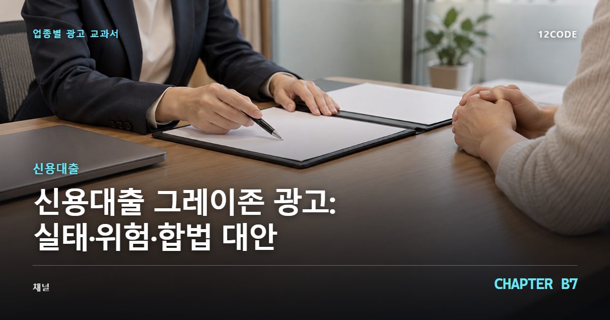 신용대출 업종별 광고 교과서 B7장, 그레이존 광고: 실태·위험·합법 대안을 안내하는 표지 이미지