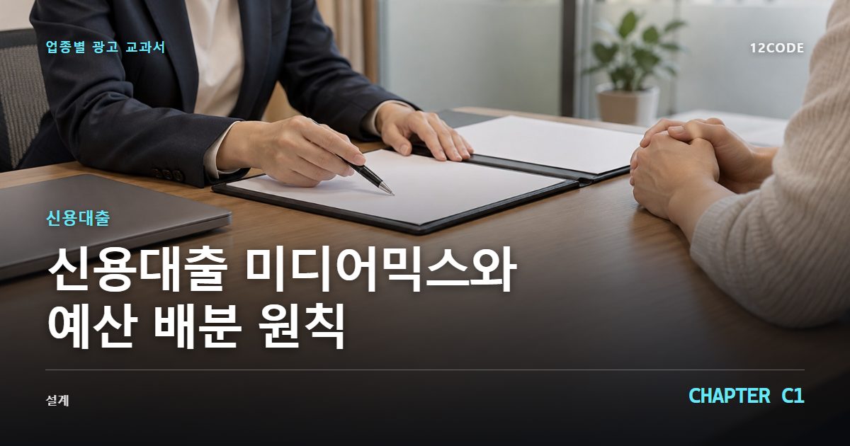 신용대출 업종별 광고 교과서 C1장, 미디어믹스와 예산 배분 원칙을 안내하는 표지 이미지