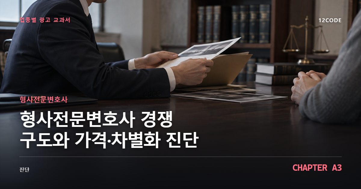형사전문변호사 업종별 광고 교과서 A3장, 경쟁 구도와 가격·차별화 진단을 안내하는 표지 이미지