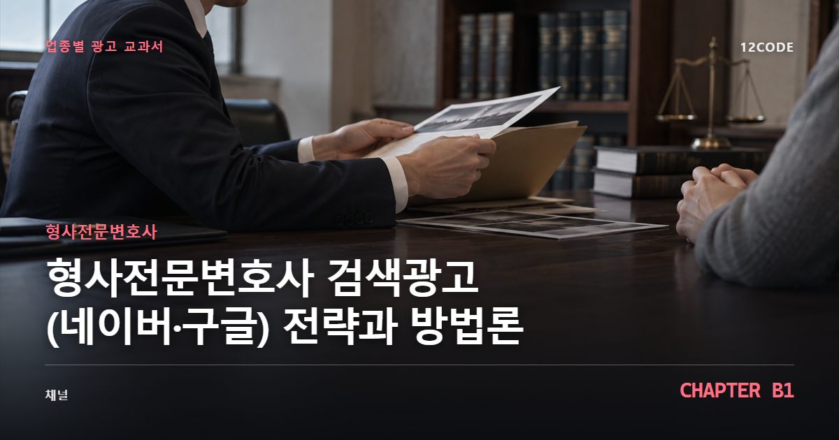 형사전문변호사 업종별 광고 교과서 B1장, 검색광고(네이버·구글) 전략과 방법론을 안내하는 표지 이미지