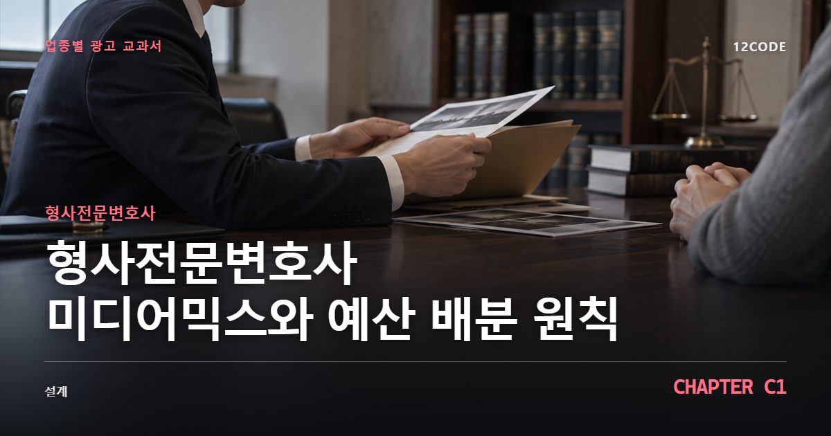형사전문변호사 업종별 광고 교과서 C1장, 미디어믹스와 예산 배분 원칙을 안내하는 표지 이미지