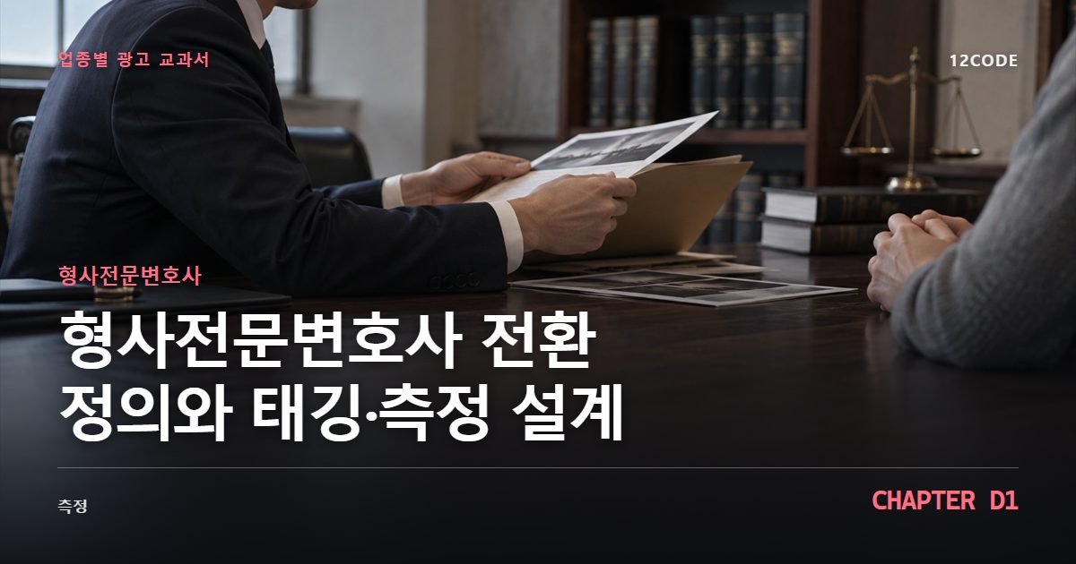 형사전문변호사 업종별 광고 교과서 D1장, 전환 정의와 태깅·측정 설계을 안내하는 표지 이미지
