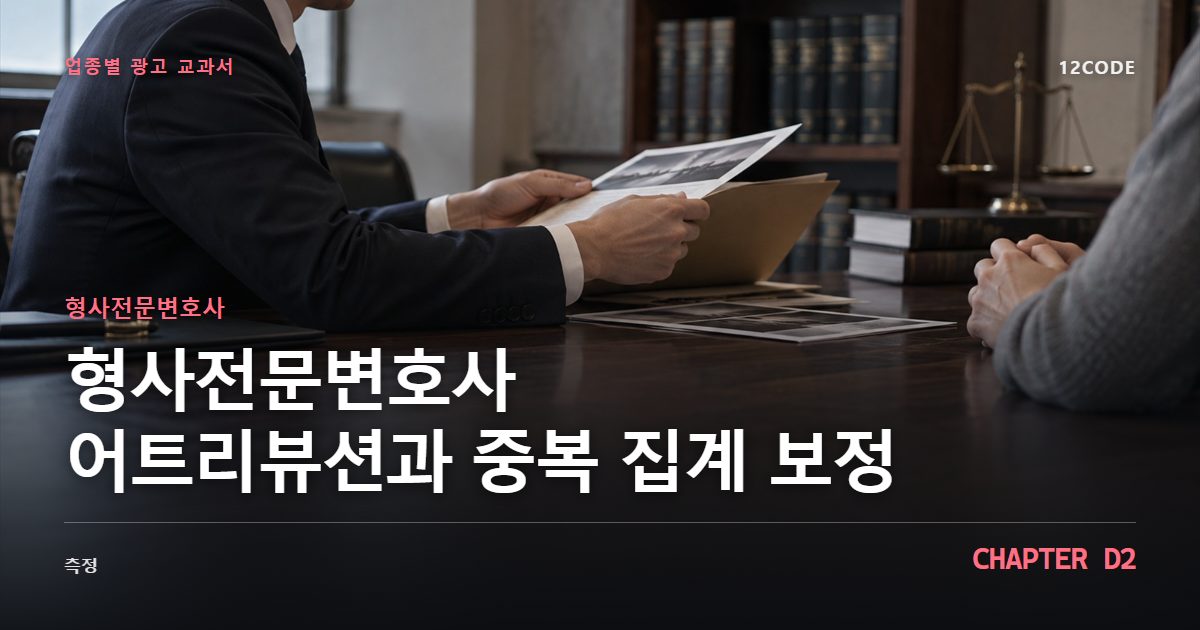 형사전문변호사 업종별 광고 교과서 D2장, 어트리뷰션과 중복 집계 보정을 안내하는 표지 이미지