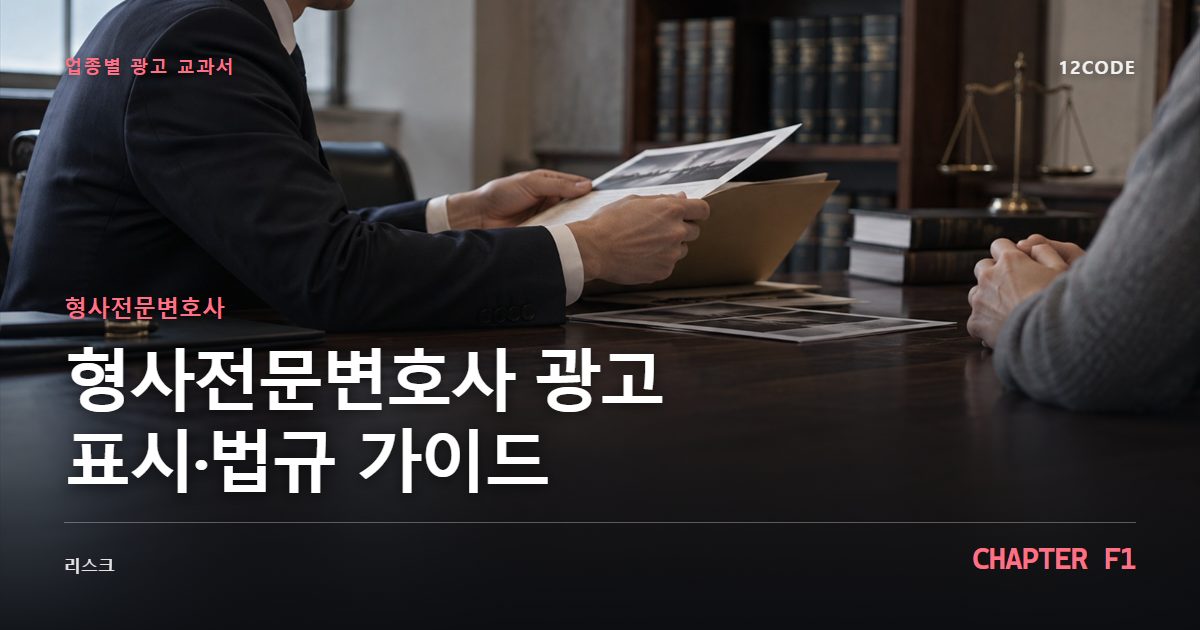 형사전문변호사 업종별 광고 교과서 F1장, 광고 표시·법규 가이드을 안내하는 표지 이미지