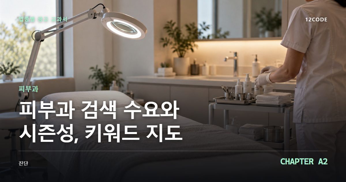 피부과 업종별 광고 교과서 A2장, 검색 수요와 시즌성, 키워드 지도을 안내하는 표지 이미지