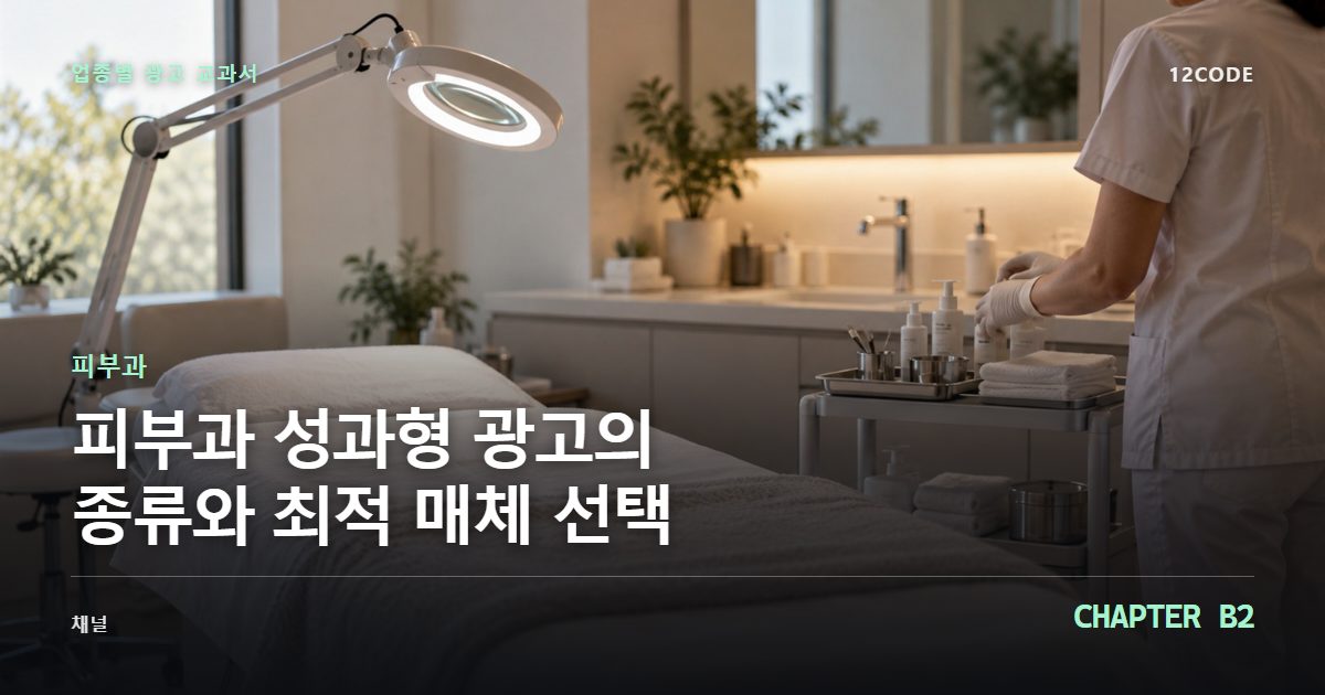 피부과 업종별 광고 교과서 B2장, 성과형 광고의 종류와 최적 매체 선택을 안내하는 표지 이미지